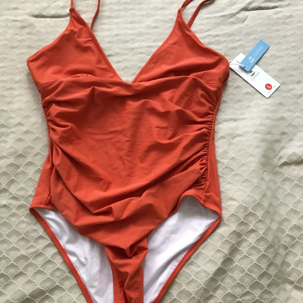 NWT Orange shirred triangle top one piece